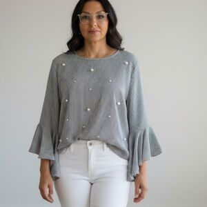 Striped Ruffle‎ Sleeve Top with Pearls